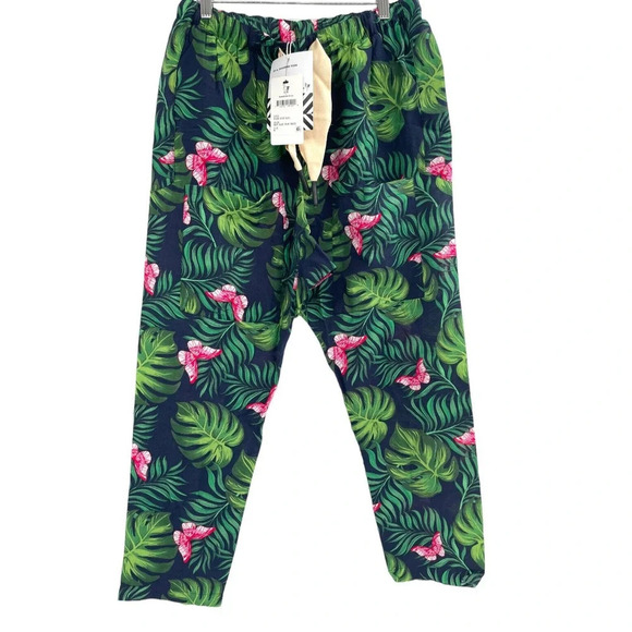 SR vs Sandrine Rose Pants - Free People Sandrine Rose Bush Pants Navy Blue Palm Trees Tie Waist Cropped Sz M